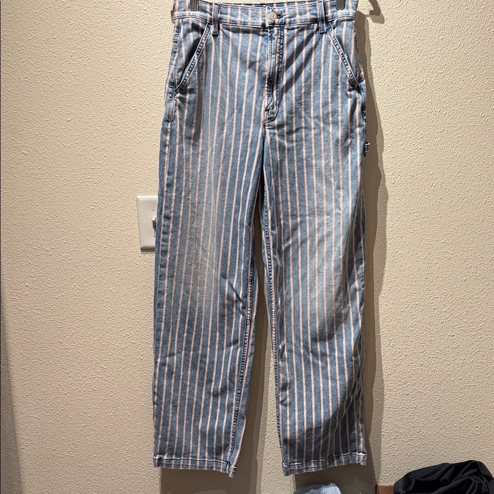 MOTHER Blue and White Striped Straight Leg Jeans the stud finder sneak.
